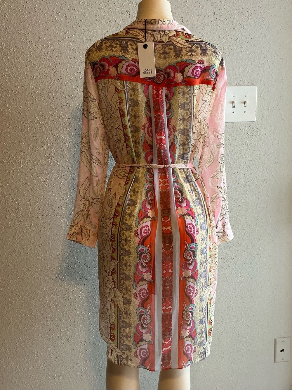 Rose + Olive Women’s Sheer Floral Swimsuit Cover-Up Belted Kimono with Side Slit - Picture 6 of 11